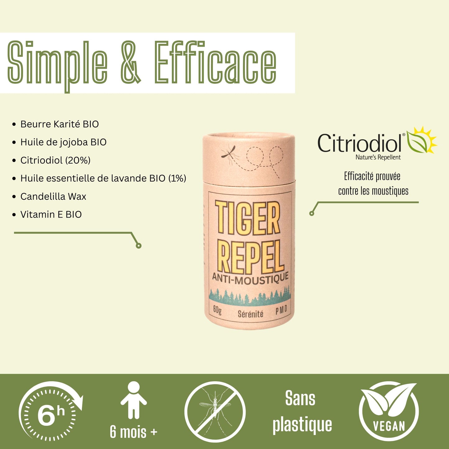 Tiger Repel Sérénité | Répulsif Anti Moustique Solide Naturel | Citriodiol & Beurre de Karité