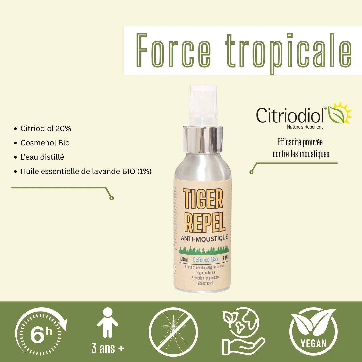 Tiger Repel Defence MAX – Spray Anti-Moustique Puissant au Citriodiol 100ml