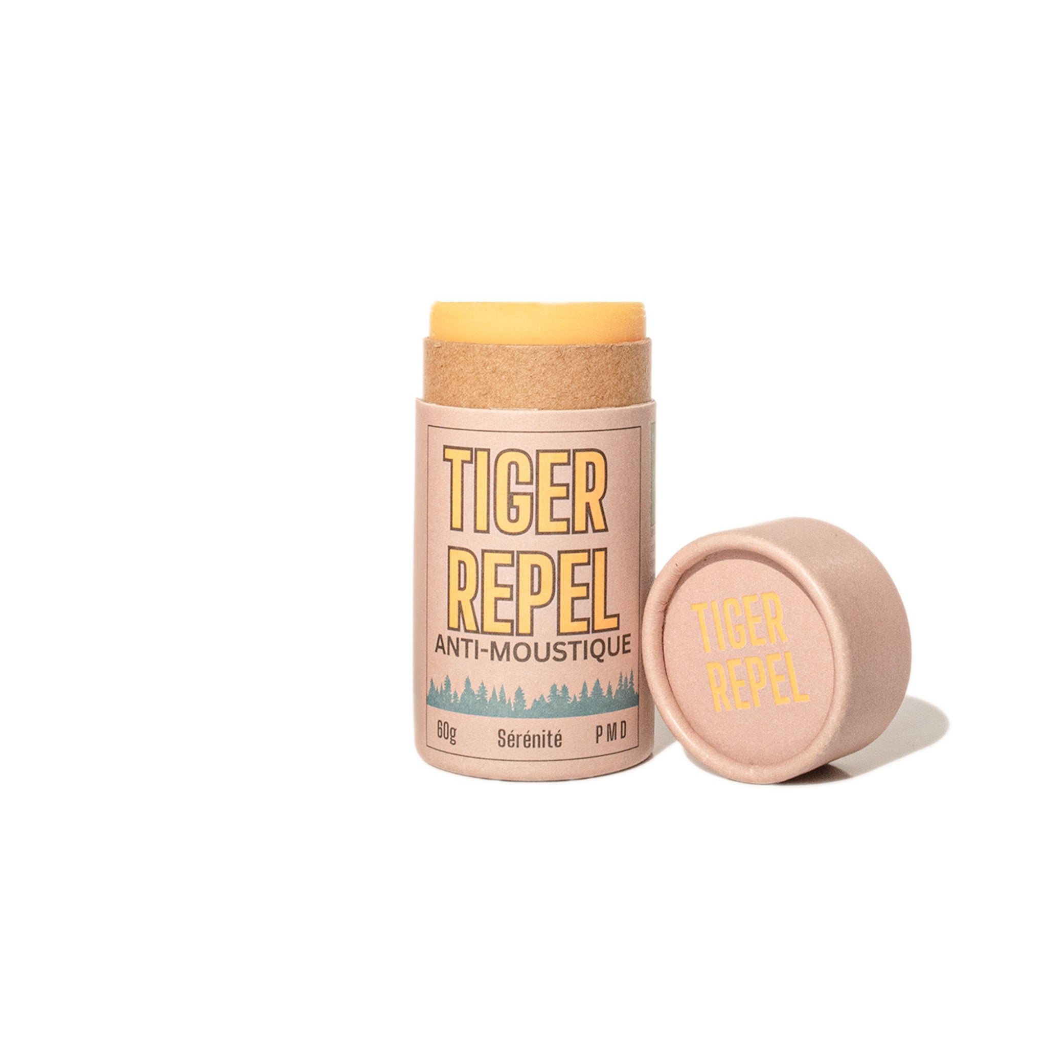 Baume anti-moustique solide TigerRepel en tube biodégradable, ouvert pour révéler sa texture naturelle. Formulé avec Citriodiol, beurre de karité et huiles essentielles pour une protection efficace et hydratante contre les moustiques, y compris le moustique tigre. Idéal pour une utilisation en extérieur.