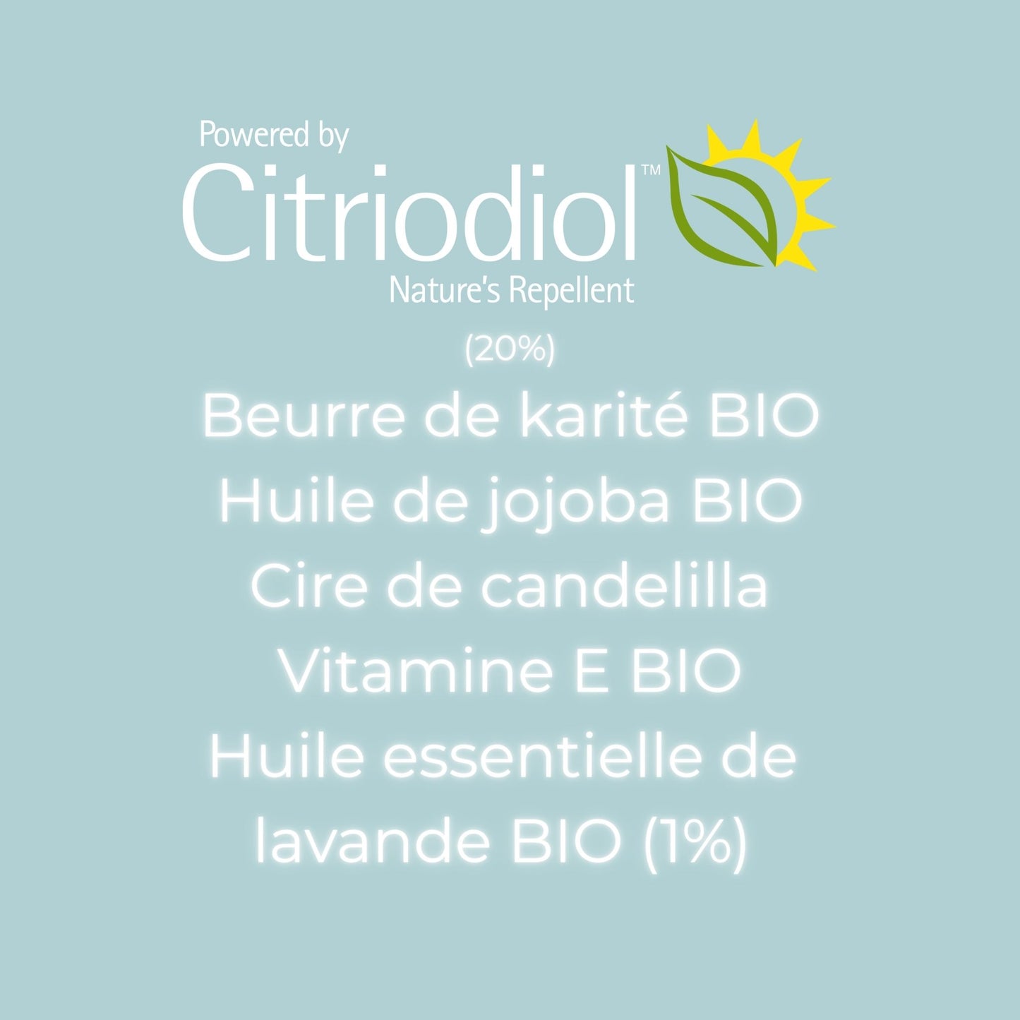 Citriodiol nature's repellent organic ingredients list showing 20% Citriodiol, organic shea butter, jojoba oil, candelilla wax, vitamin E, and 1% lavender essential oil