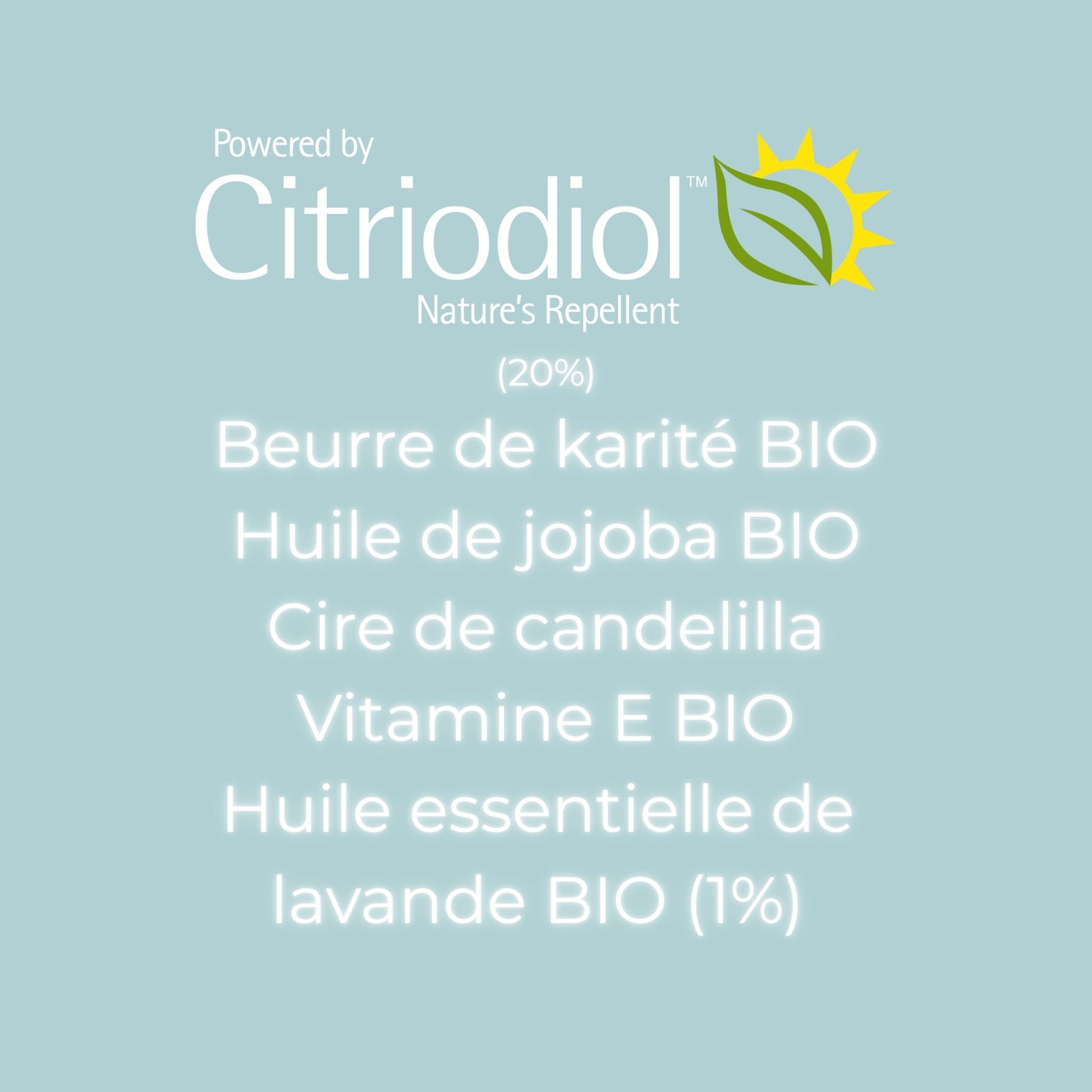 Citriodiol nature's repellent organic ingredients list showing 20% Citriodiol, organic shea butter, jojoba oil, candelilla wax, vitamin E, and 1% lavender essential oil