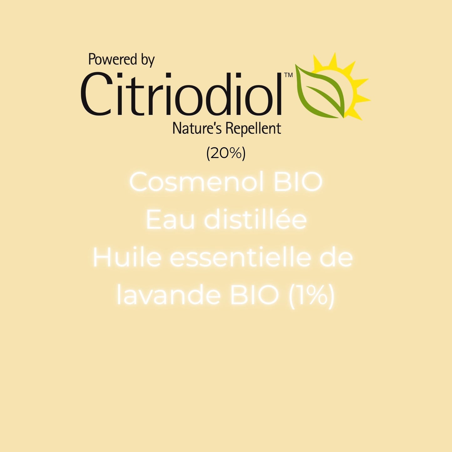 Citriodiol natural mosquito repellent spray ingredients: 20% Citriodiol, organic cosmenol, distilled water, and 1% organic lavender essential oil