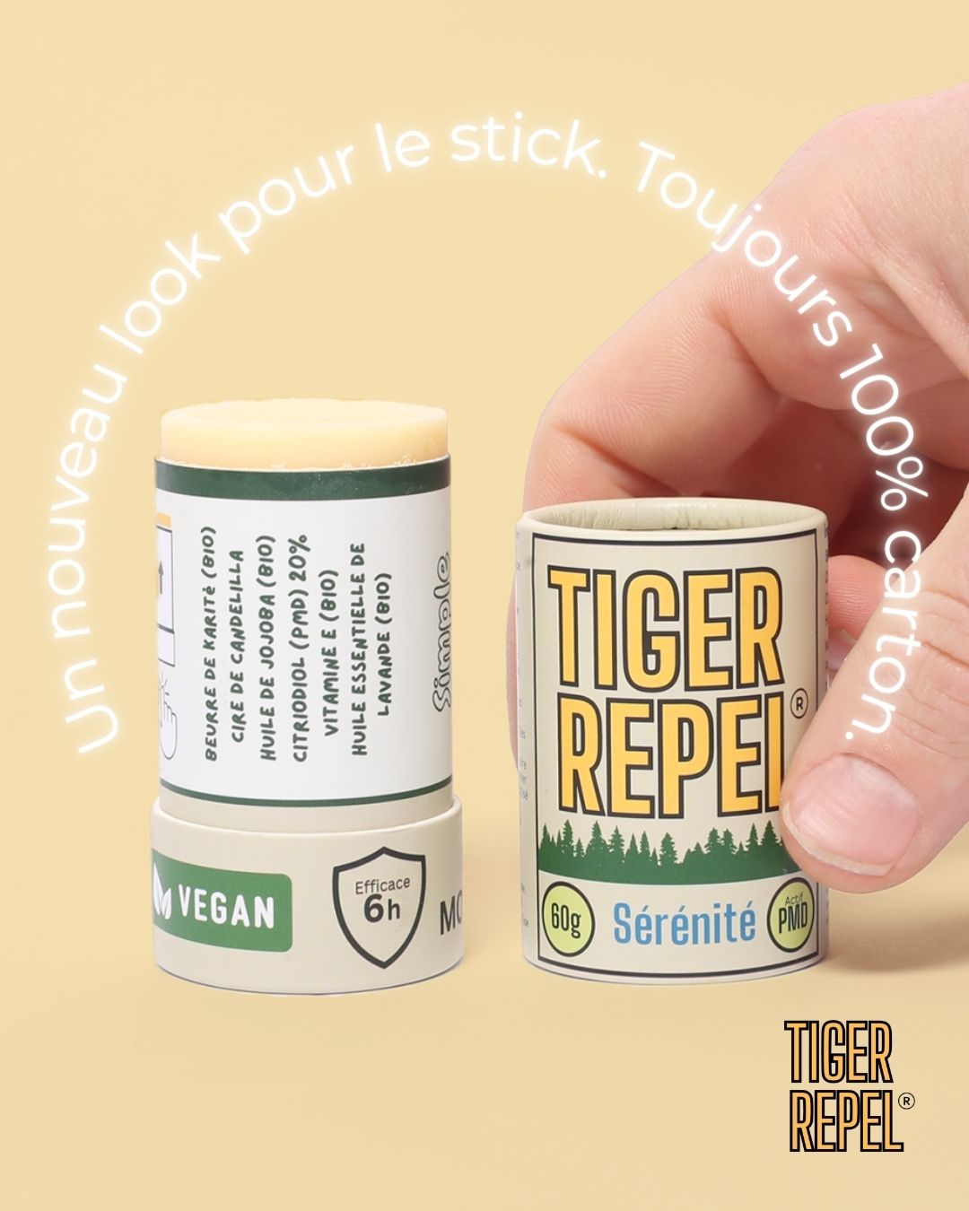  Stick répulsif anti-moustiques Tiger Repel Sérénité 60g en emballage carton 100% recyclable, végan, efficace 6h, avec Citriodiol (PMD) 20%