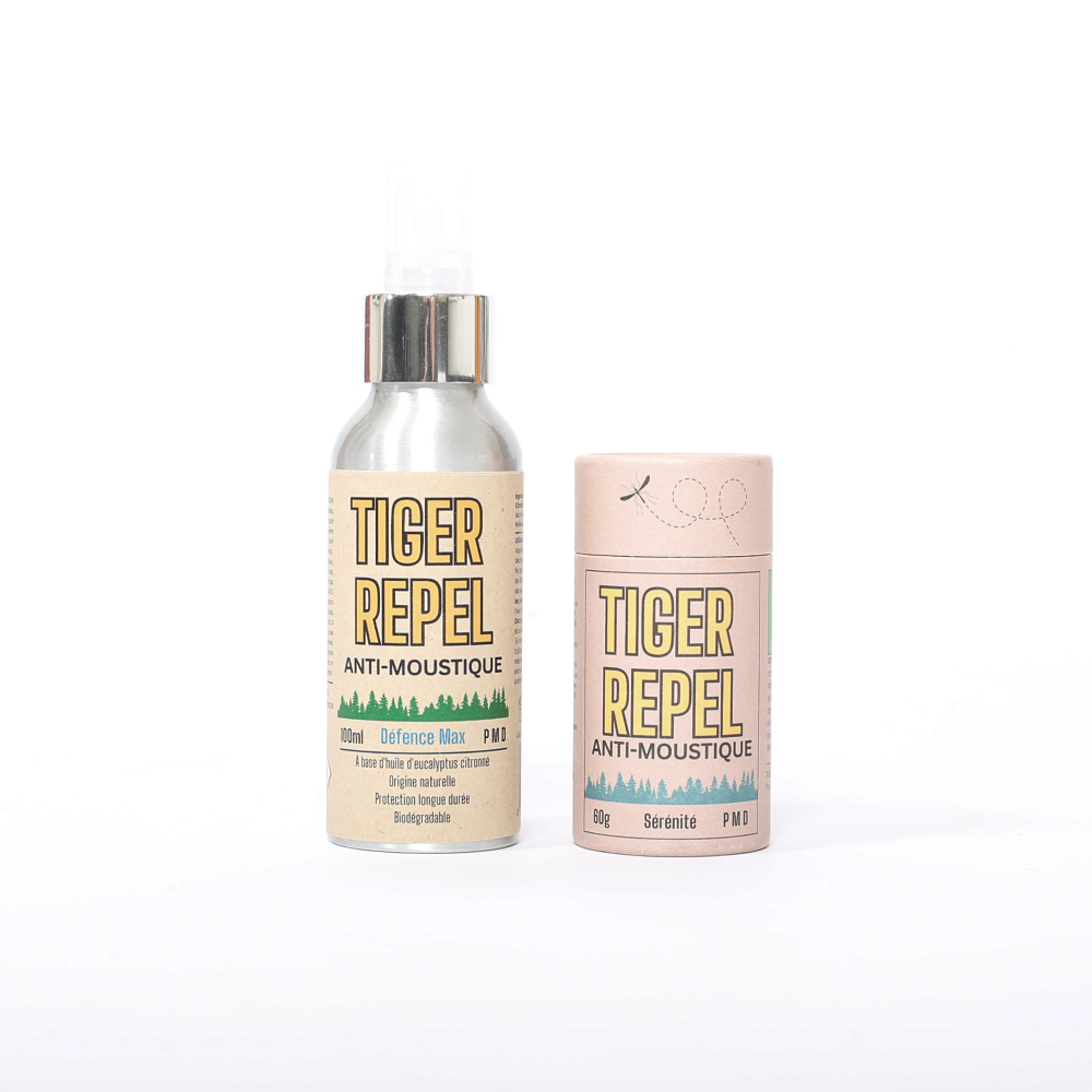  Le spray anti-moustique Defence Max et le baume solide TigerRepel, deux solutions naturelles à base de Citriodiol et d’huiles essentielles pour une protection longue durée contre les moustiques, y compris le moustique tigre. Produits biodégradables et respectueux de la peau.