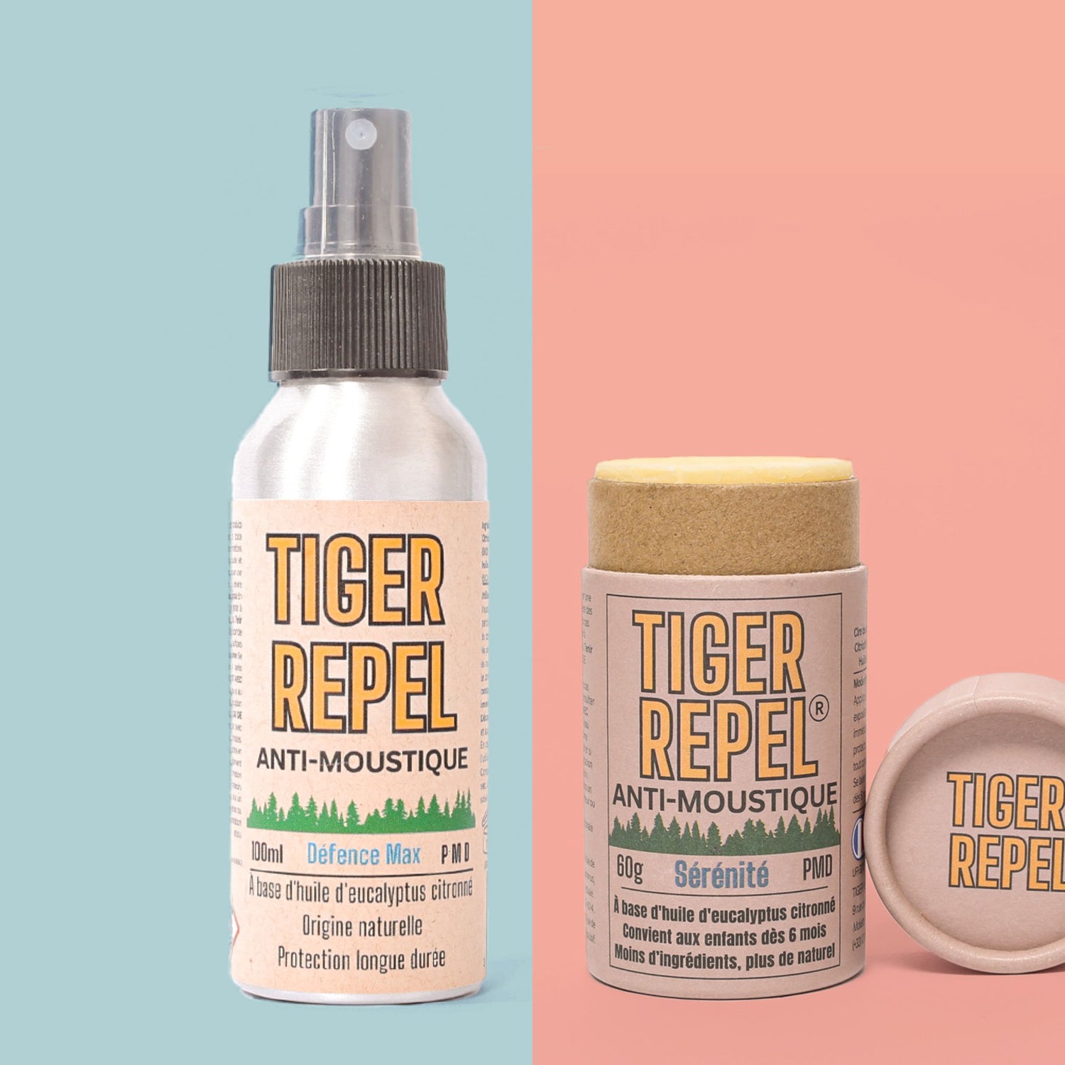 Tiger Repel natural mosquito repellent products: Defence Max spray 100ml and Sérénité stick 60g with Citriodio