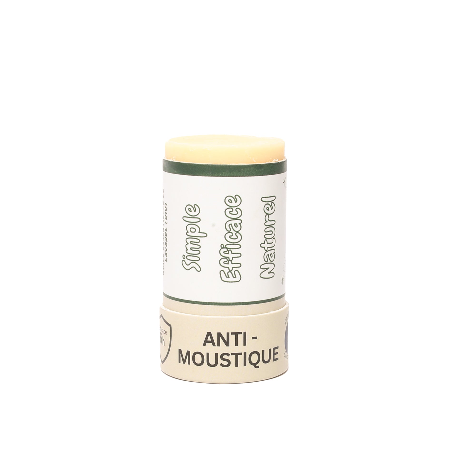 Tube en carton biodégradable du baume anti-moustique naturel Tiger Repel avec inscriptions "Simple, Efficace, Naturel" sur fond blanc.