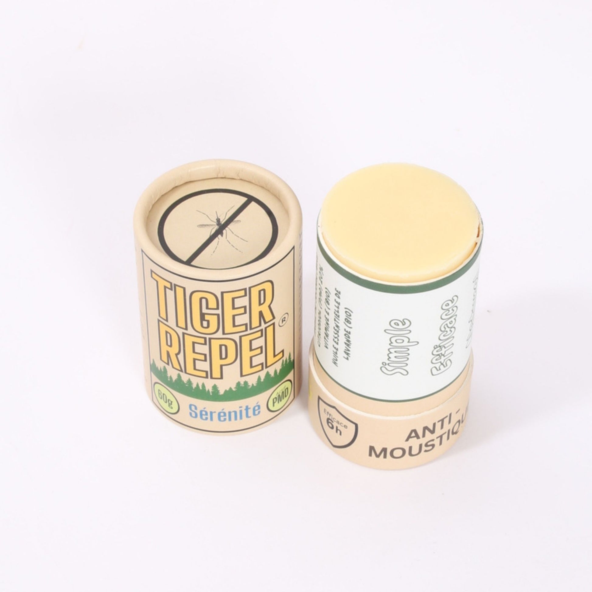 Tiger Repel Anti-Moustique Sérénité – Stick répulsif 60g ouvert montrant le produit beige, avec le couvercle en carton illustré d'un moustique barré, efficace 6h, formule simple à base de Citriodiol (PMD) et huile essentielle de lavande bio