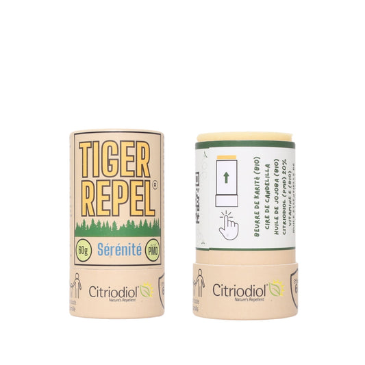 Tiger Repel Anti-Moustique Sérénité – Stick répulsif 60g au Citriodiol (PMD) bio, beurre de karité, cire de candelilla et huile de jojoba – vue recto et verso de l'emballage écologique