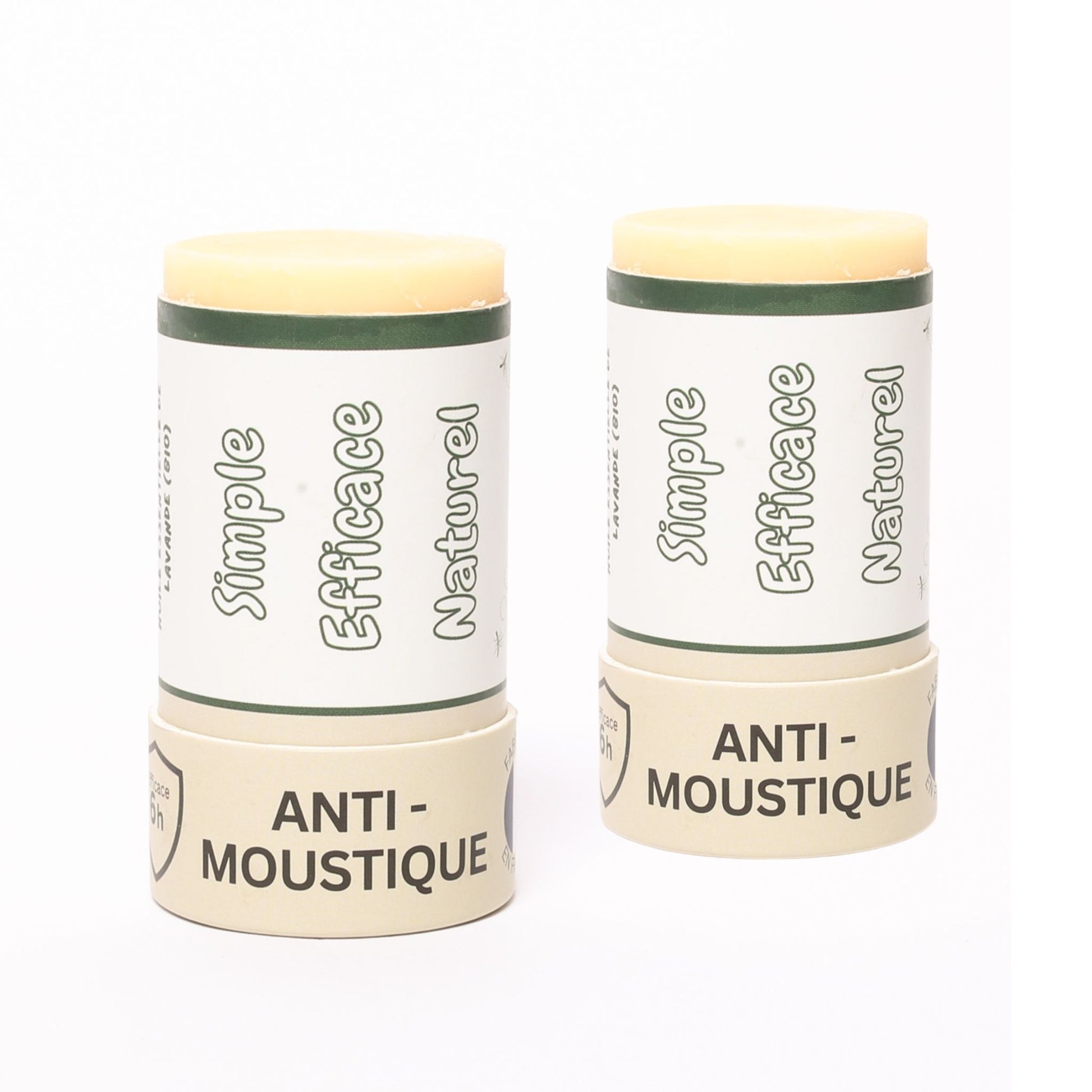 Deux sticks anti-moustique Tiger Repel Sérénité ouverts sur fond blanc – mentions « Simple, Efficace, Naturel » et « Anti-Moustique » visibles sur l'emballage en carton, produit beige prêt à l'application
