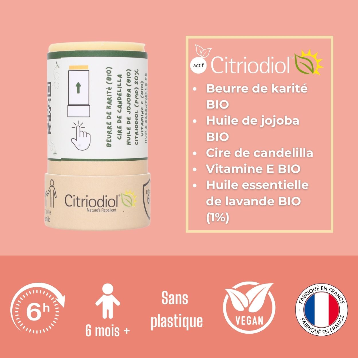 Infographie du stick anti-moustique Tiger Repel Sérénité au Citriodiol – ingrédients bio : beurre de karité, huile de jojoba, cire de candelilla, vitamine E et huile essentielle de lavande (1%) – efficace 6h, dès 6 mois, sans plastique, vegan, fabriqué en France