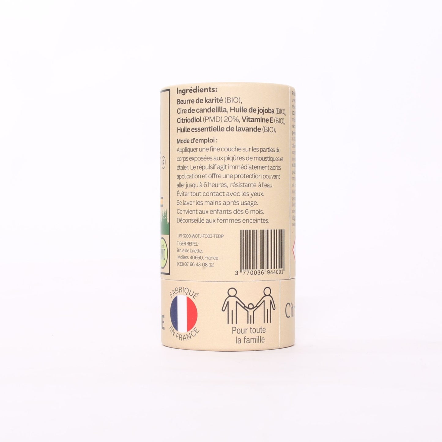 Verso de l'emballage du stick anti-moustique Tiger Repel Sérénité – liste des ingrédients bio (beurre de karité, cire de candelilla, huile de jojoba, Citriodiol PMD 20%, vitamine E, huile essentielle de lavande), mode d'emploi, convient dès 6 mois, fabriqué en France, pour toute la famille