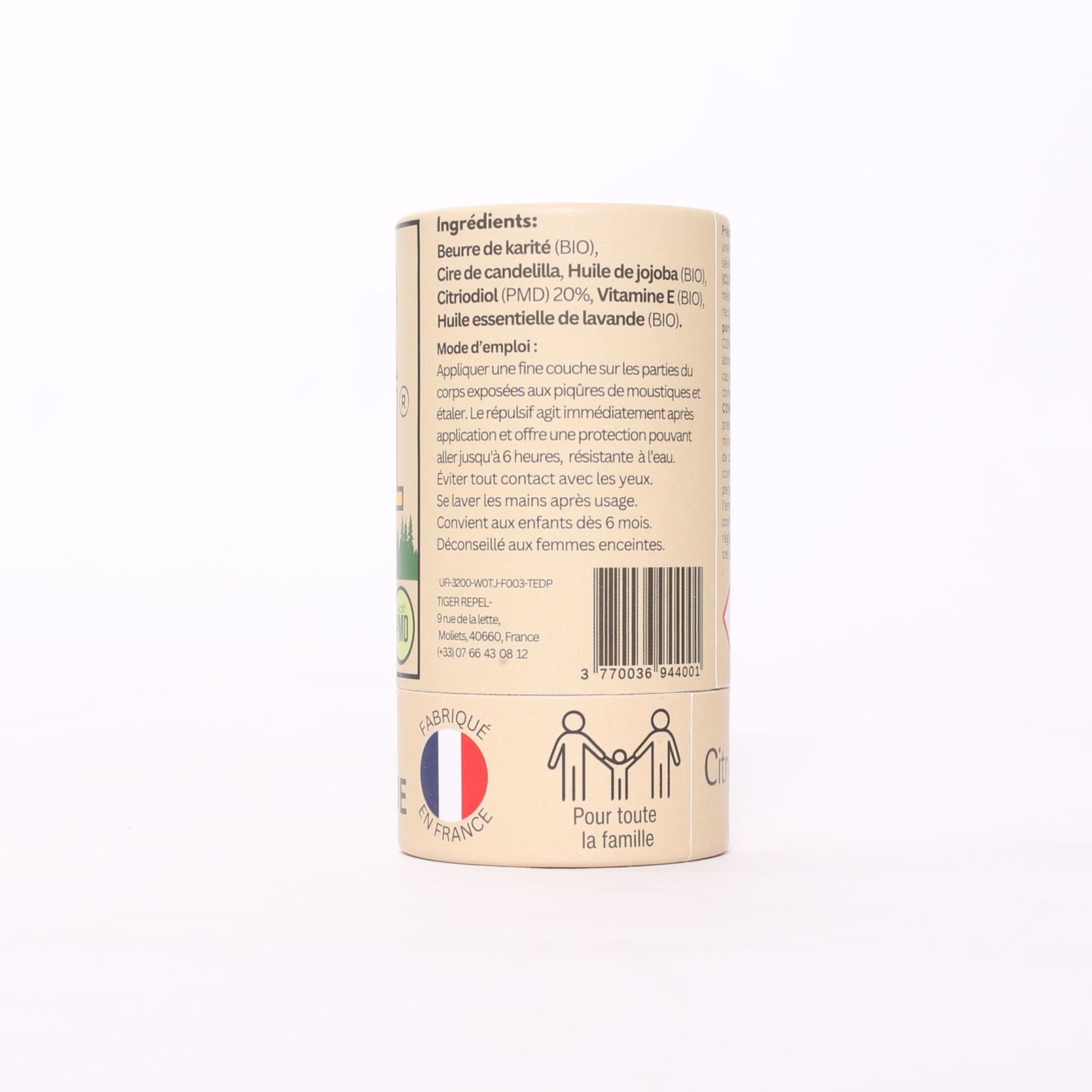 Verso de l'emballage du stick anti-moustique Tiger Repel Sérénité – liste des ingrédients bio (beurre de karité, cire de candelilla, huile de jojoba, Citriodiol PMD 20%, vitamine E, huile essentielle de lavande), mode d'emploi, convient dès 6 mois, fabriqué en France, pour toute la famille